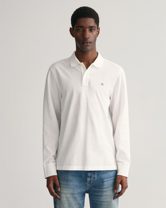 GANT Mens Regular Fit Long Sleeve Shield Logo Pique Rugger - 110 White - CHO - Designer Mens Long Sleeve Polo Shirts
