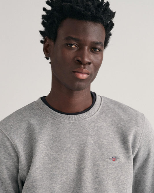 GANT Mens Regular Fit Shield Logo Crew Neck Sweatshirt - 93 Grey Melange