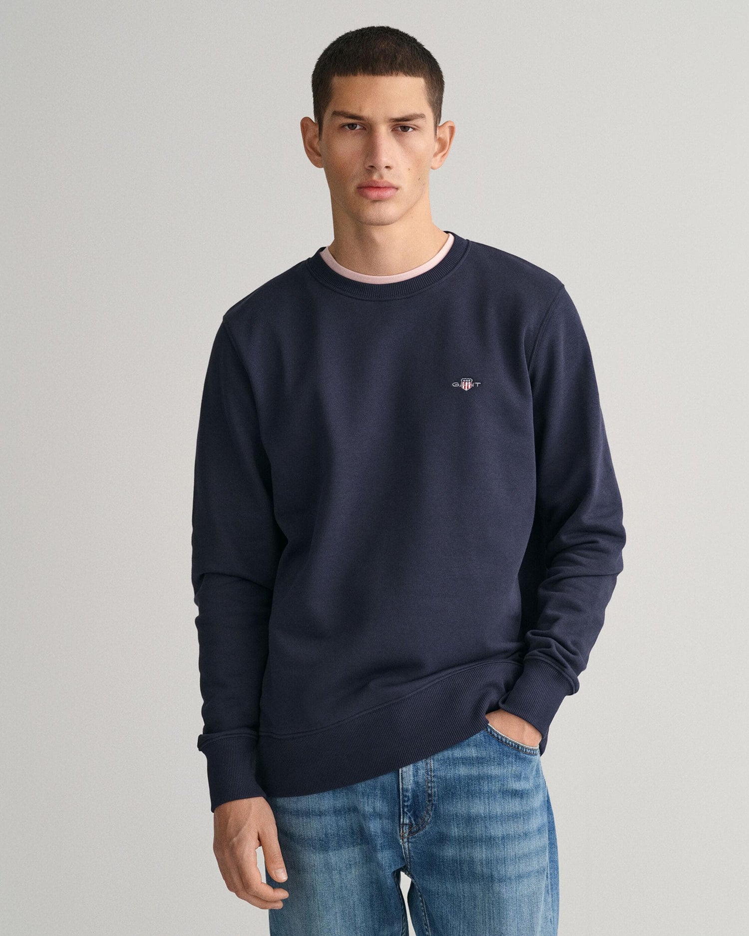 GANT Mens Regular Fit Shield Logo Crew Neck Sweatshirt - 433 Evening Blue - CHO - Designer Mens Sweatshirts
