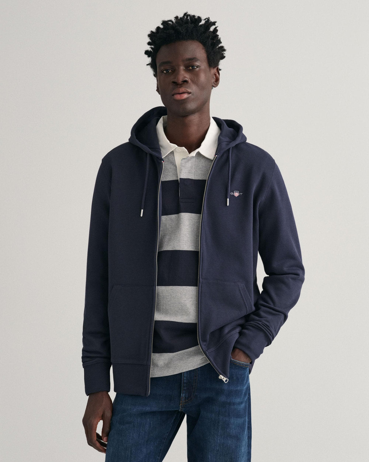 GANT Mens Regular Fit Shield Logo Full Zip Hoodie - 433 Evening Blue - CHO - Designer Mens Hoodies