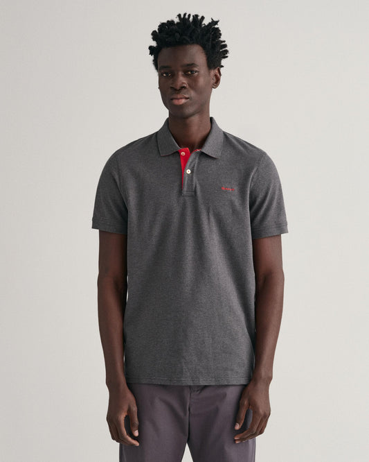 GANT Regular Fit Short Sleeve Contrast Pique Rugger - 95 Anthracite Melange - CHO - Designer Mens Short Sleeve Polo Shirts