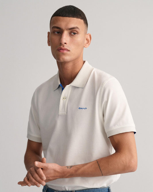 GANT Regular Fit Short Sleeve Contrast Pique Rugger - 113 Eggshell - CHO - Designer Mens Short Sleeve Polo Shirts