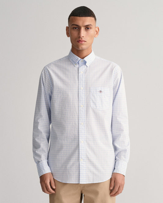 GANT Mens Regular Fit Long Sleeve Poplin Gingham Shirt - 455 Light Blue
