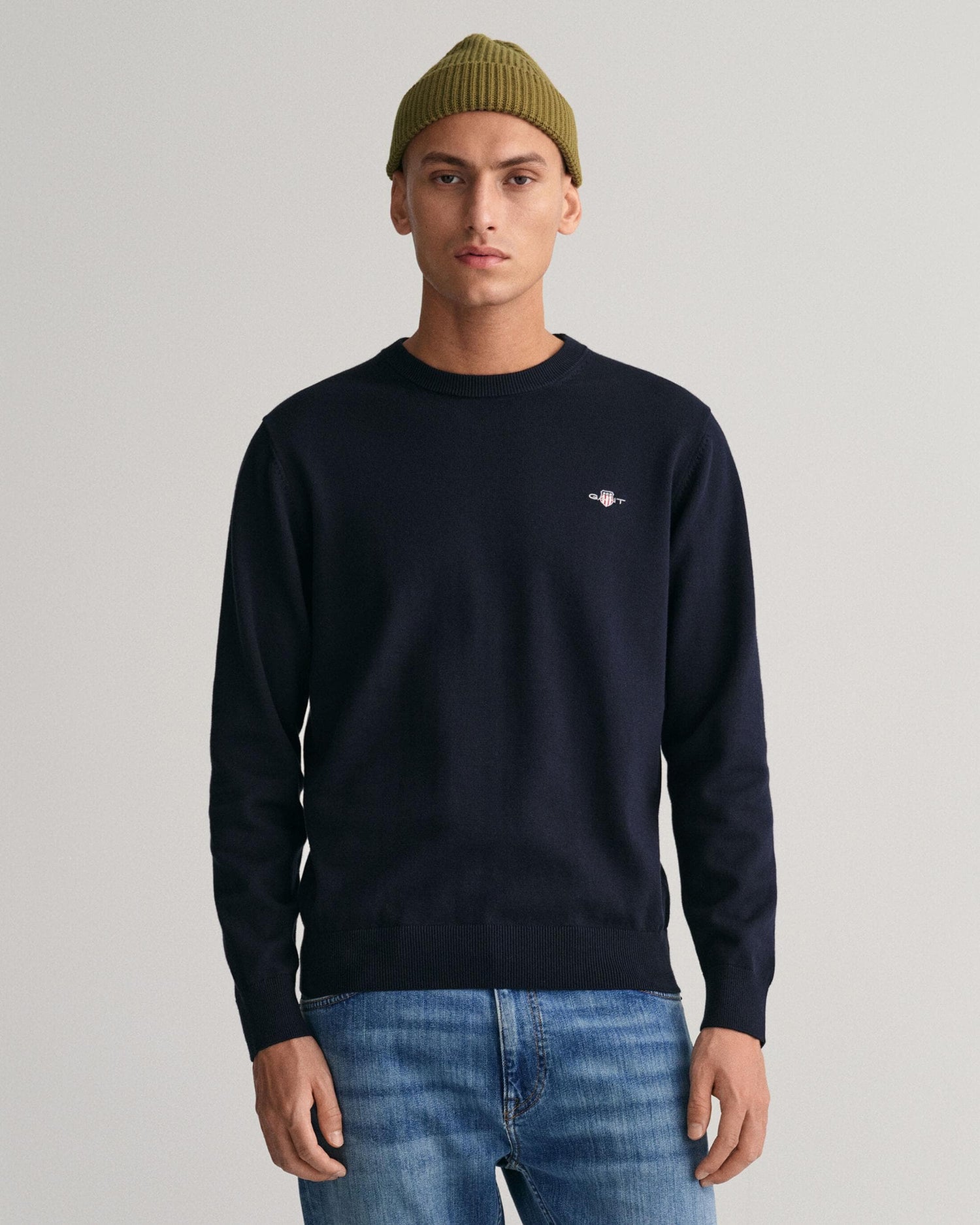 GANT Mens Classic Cotton Crew Neck Jumper - 433 Evening Blue - CHO - Designer Mens Jumpers