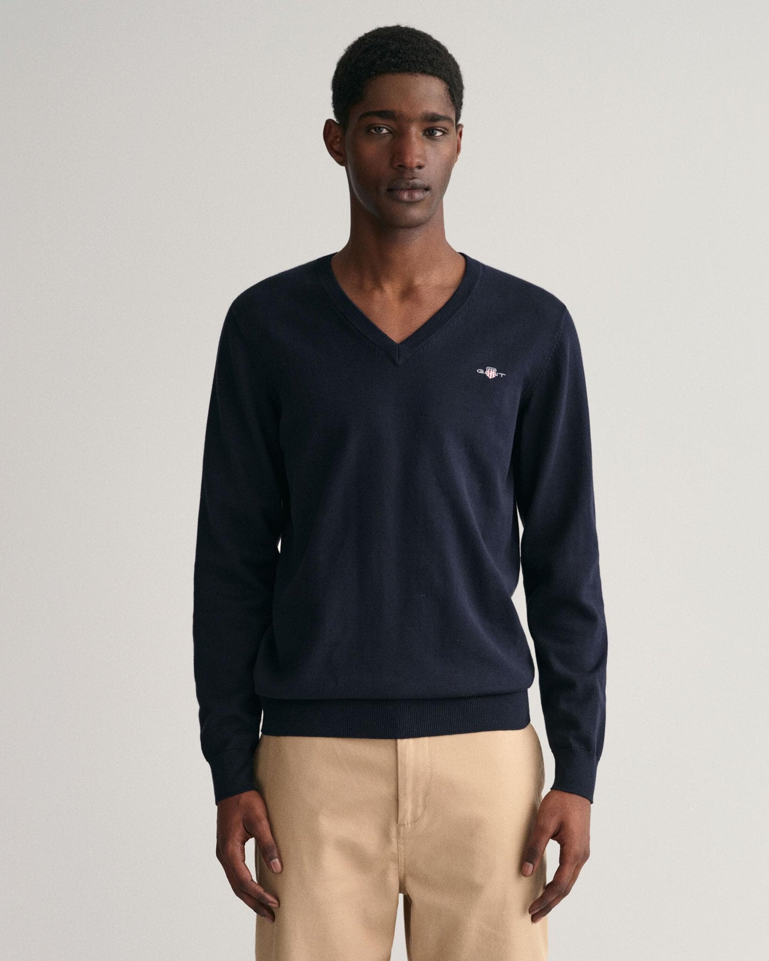 GANT Mens Classic Cotton V-Neck Jumper - 433 Evening Blue - CHO - Designer Mens Jumpers