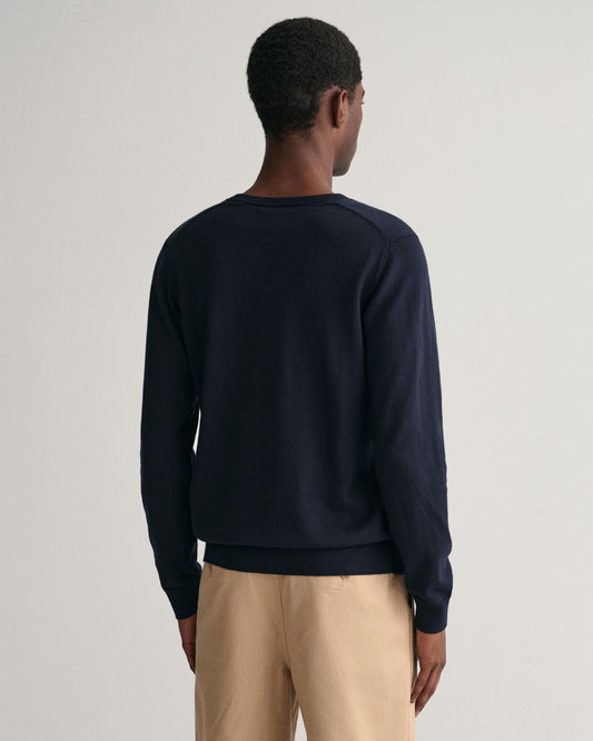 GANT Mens Classic Cotton V-Neck Jumper - 433 Evening Blue