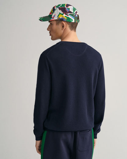 GANT Mens Cotton Pique Crew Neck Jumper - 433 Evening Blue