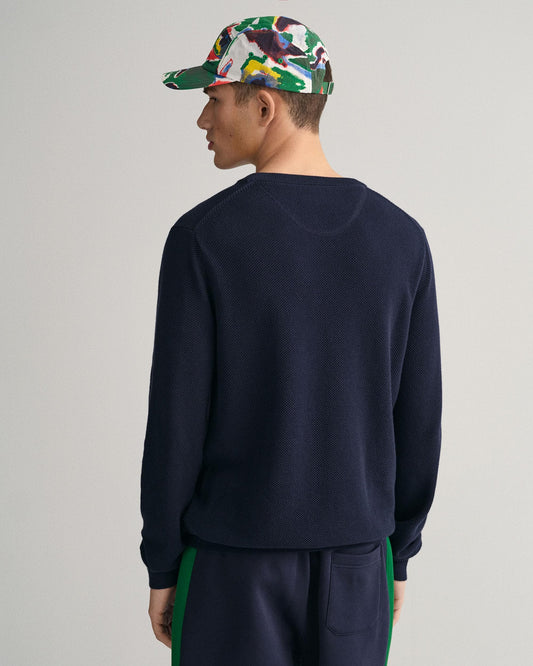 GANT Mens Cotton Pique Crew Neck Jumper - 433 Evening Blue