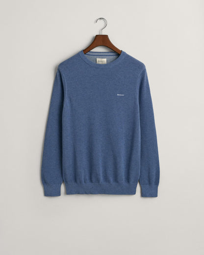 GANT Mens Cotton Pique Crew Neck Jumper - 906 Denim Blue Mel