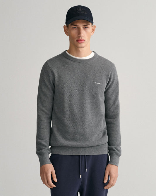 GANT Mens Cotton Pique Crew Neck Jumper - 92 Dark Grey Melange