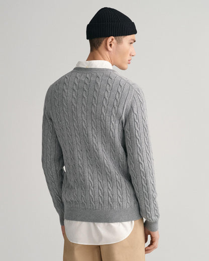 GANT Mens Cotton Cable Knit Crew Neck Jumper - 93 Grey Melange