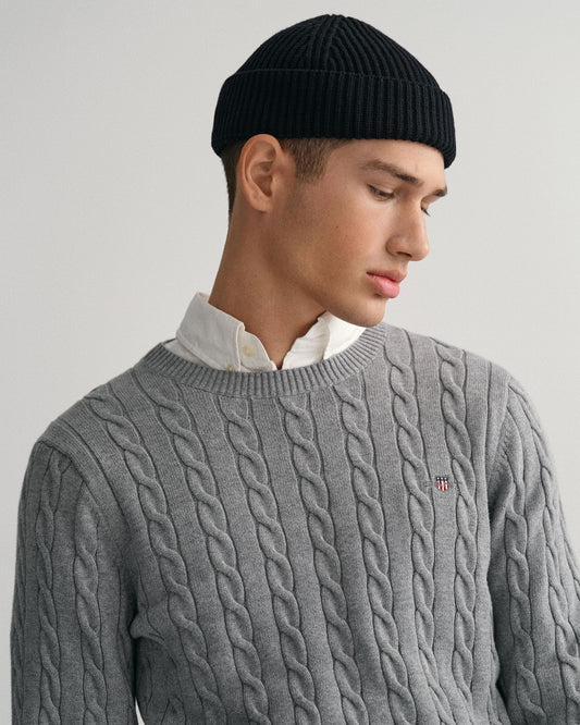 GANT Mens Cotton Cable Knit Crew Neck Jumper - 93 Grey Melange