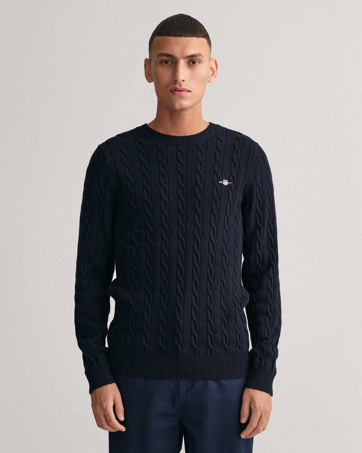 GANT Mens Cotton Cable Knit Crew Neck Jumper - 433 Evening Blue - CHO - Designer Mens Jumpers