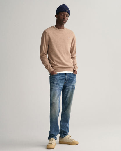 GANT Mens Superfine Lambswool Crew Neck Jumper - 295 Dark Sand Melange