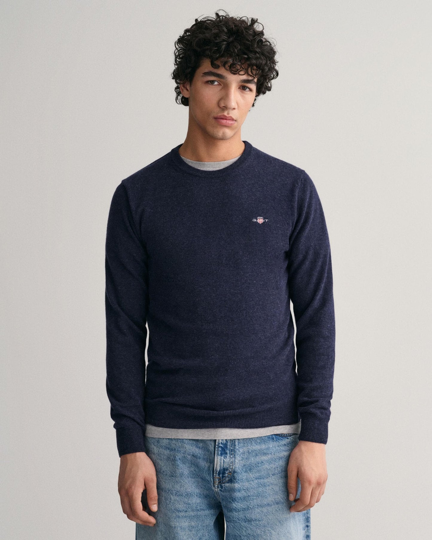 GANT Mens Superfine Lambswool Crew Neck Jumper - 480 Dark Navy Melange