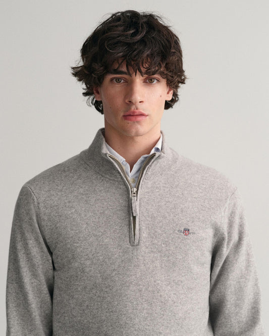 GANT Mens Superfine Lambswool Half Zip Cardigan - 93 Grey Melange