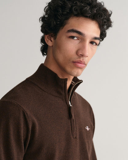 GANT Mens Superfine Lambswool Half Zip Cardigan - 280 Dark Brown Melange