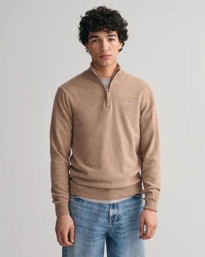 GANT Mens Superfine Lambswool Half Zip Cardigan - 295 Dark Sand Melange