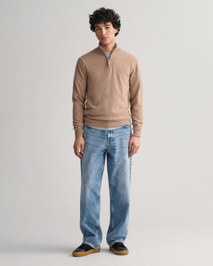 GANT Mens Superfine Lambswool Half Zip Cardigan - 295 Dark Sand Melange
