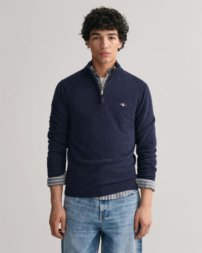 GANT Mens Superfine Lambswool Half Zip Cardigan - 480 Dark Navy Melange