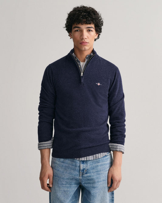 GANT Mens Superfine Lambswool Half Zip Cardigan - 480 Dark Navy Melange