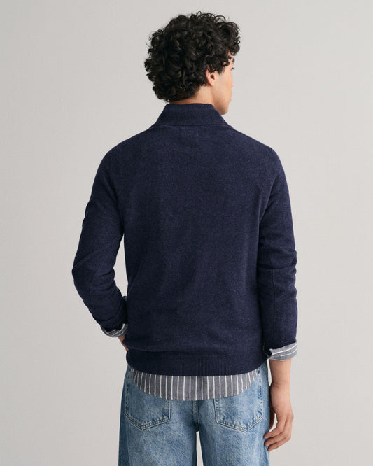 GANT Mens Superfine Lambswool Half Zip Cardigan - 480 Dark Navy Melange