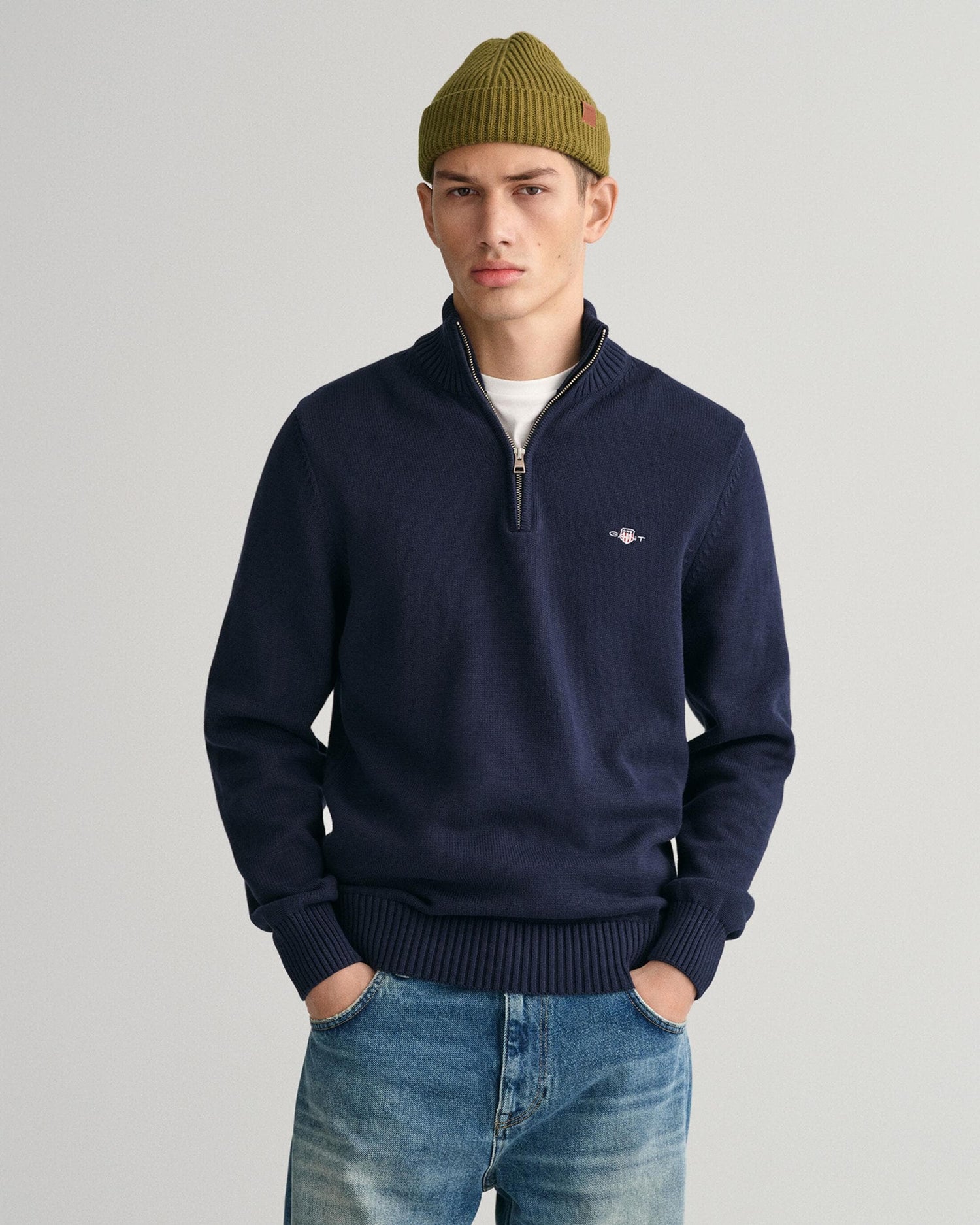 GANT Mens Casual Cotton Half Zip Jumper - 433 Evening Blue - CHO - Designer Mens Cardigans