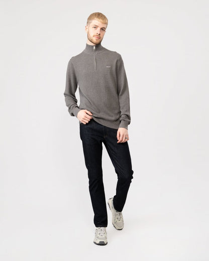 GANT Mens Cotton Pique Half Zip Jumper - 92 Dark Grey Melange