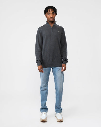 GANT Mens Cotton Pique Half Zip Jumper - 95 Anthracite Melange