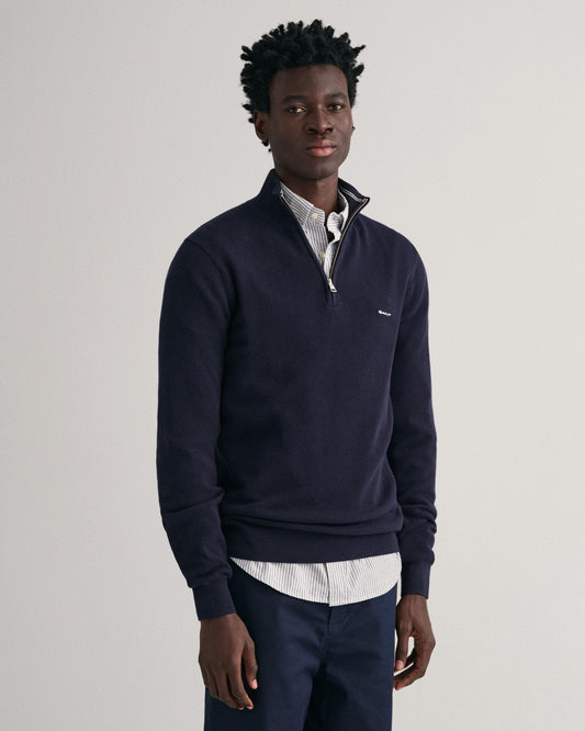 GANT Mens Cotton Pique Half Zip Jumper - 433 Evening Blue