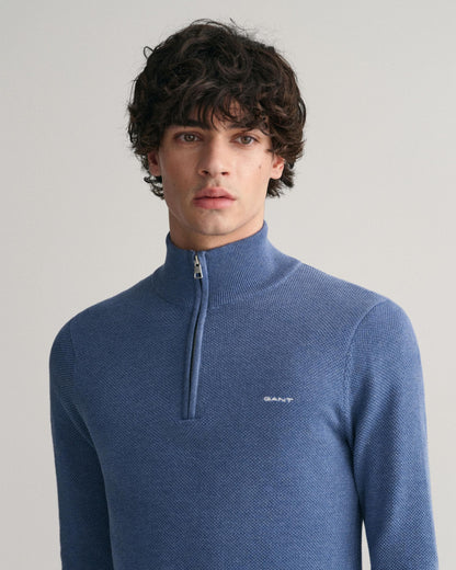 GANT Mens Cotton Pique Half Zip Jumper - 906 Denim Blue Mel