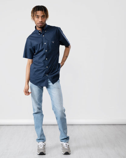 GANT Regular Broadcloth Short Sleeve Button Down Mens Shirt - 410 Marine