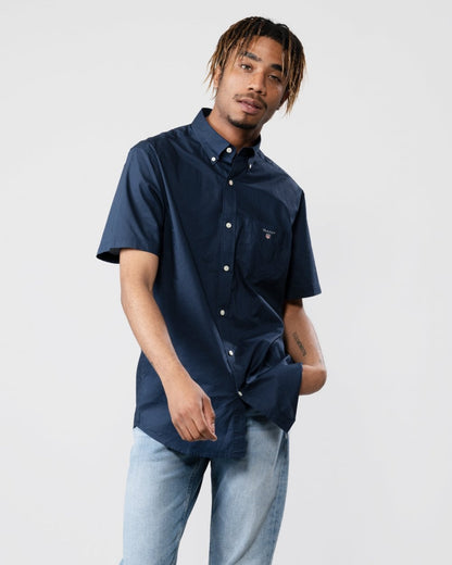 GANT Regular Broadcloth Short Sleeve Button Down Mens Shirt - 410 Marine