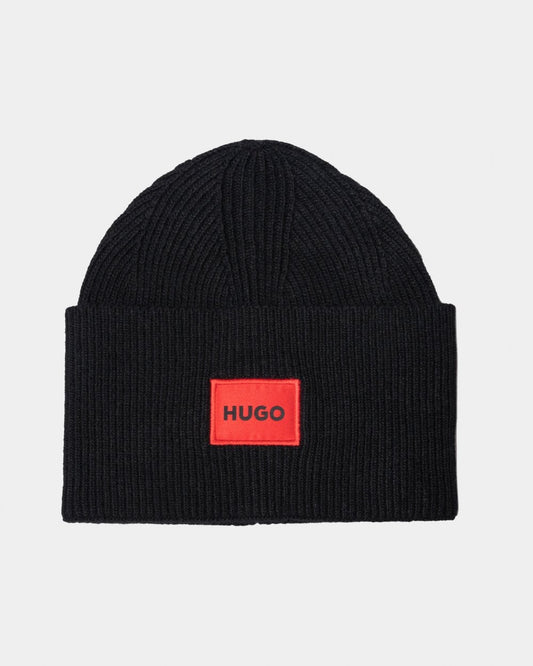 HUGO Xaff 6 Mens Knitted Beanie Hat With Ribbing and Red Logo Label - Black 001 - CHO - Designer Mens Hats