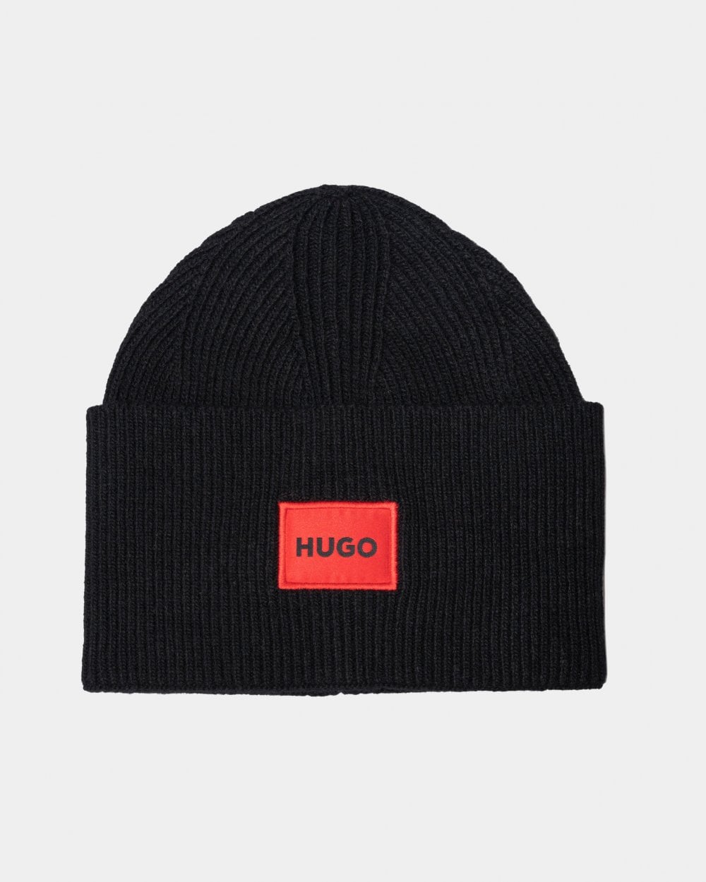 HUGO Xaff 6 Mens Knitted Beanie Hat With Ribbing and Red Logo Label