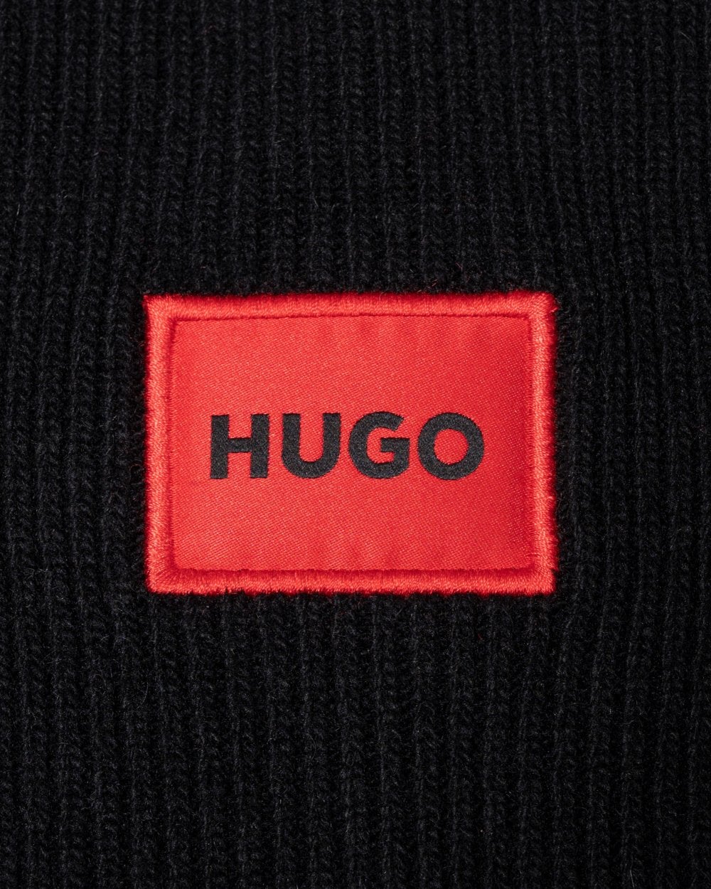 HUGO Xaff 6 Mens Knitted Beanie Hat With Ribbing and Red Logo Label - Black 001