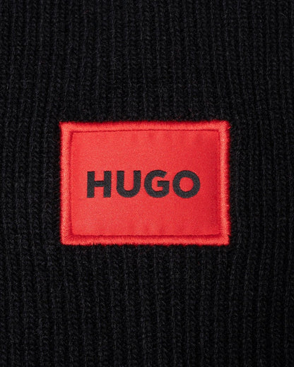 HUGO Xaff 6 Mens Knitted Beanie Hat With Ribbing and Red Logo Label - Black 001