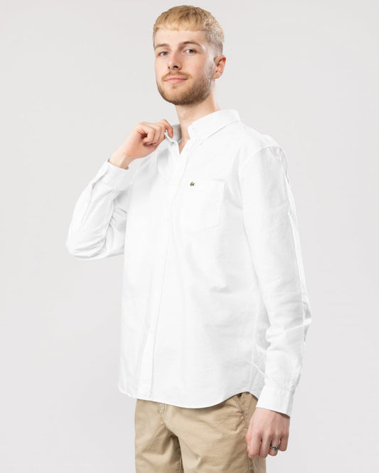 Lacoste Mens Casual Long Sleeve Woven Shirt - White 001 - CHO - Designer Mens Long Sleeve Shirts