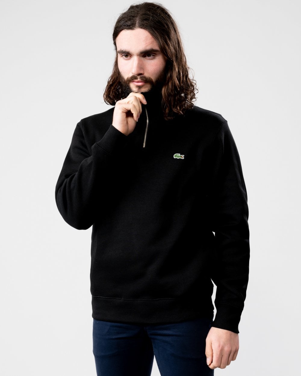 Lacoste Mens Zippered Stand-Up Collar Cotton Sweatshirt - Black 031 - CHO - Designer Mens Sweatshirts