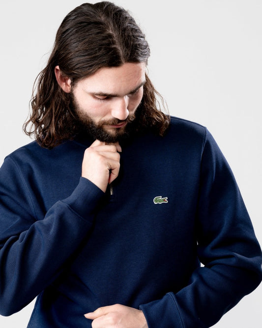 Lacoste Mens Zippered Stand-Up Collar Cotton Sweatshirt - Navy Blue 166