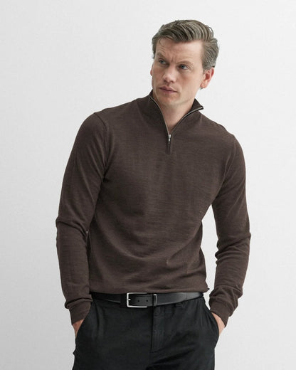 Oliver Sweeney Curragh Mens 1/4 Zip Funnel Neck Merino Wool Jumper - Chocolate