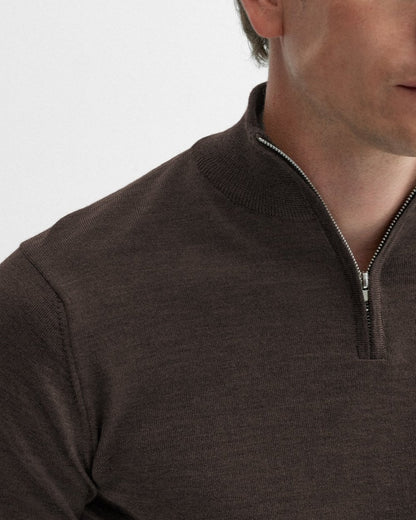 Oliver Sweeney Curragh Mens 1/4 Zip Funnel Neck Merino Wool Jumper - Chocolate