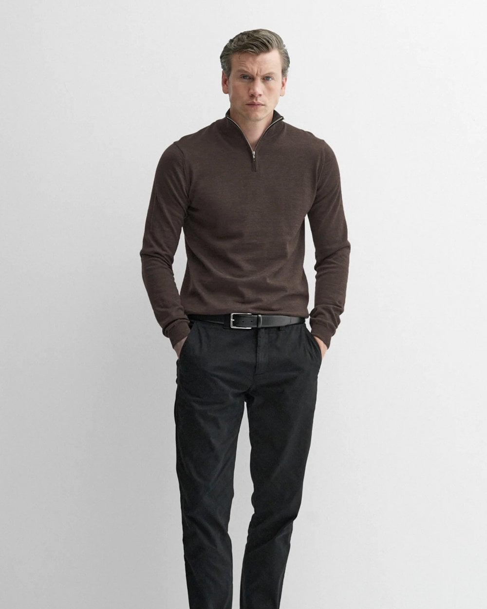 Oliver Sweeney Curragh Mens 1/4 Zip Funnel Neck Merino Wool Jumper - Chocolate