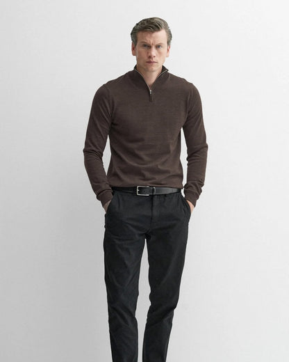 Oliver Sweeney Curragh Mens 1/4 Zip Funnel Neck Merino Wool Jumper - Chocolate
