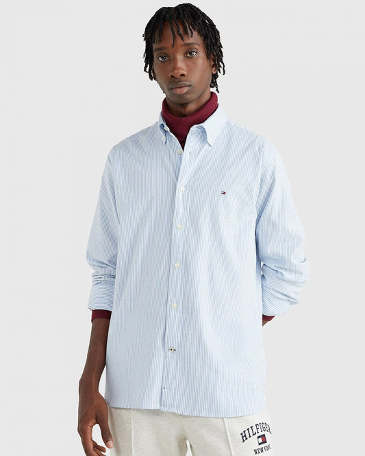 Tommy Hilfiger Core 1985 Flex Stripe Mens Long Sleeve Oxford Shirt - Copenhagen Blue / White