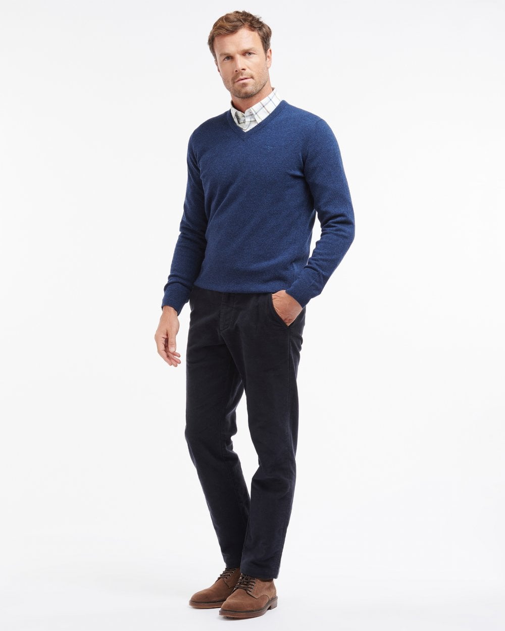 Barbour Essential Lambswool Mens V-Neck Jumper - Deep Blue