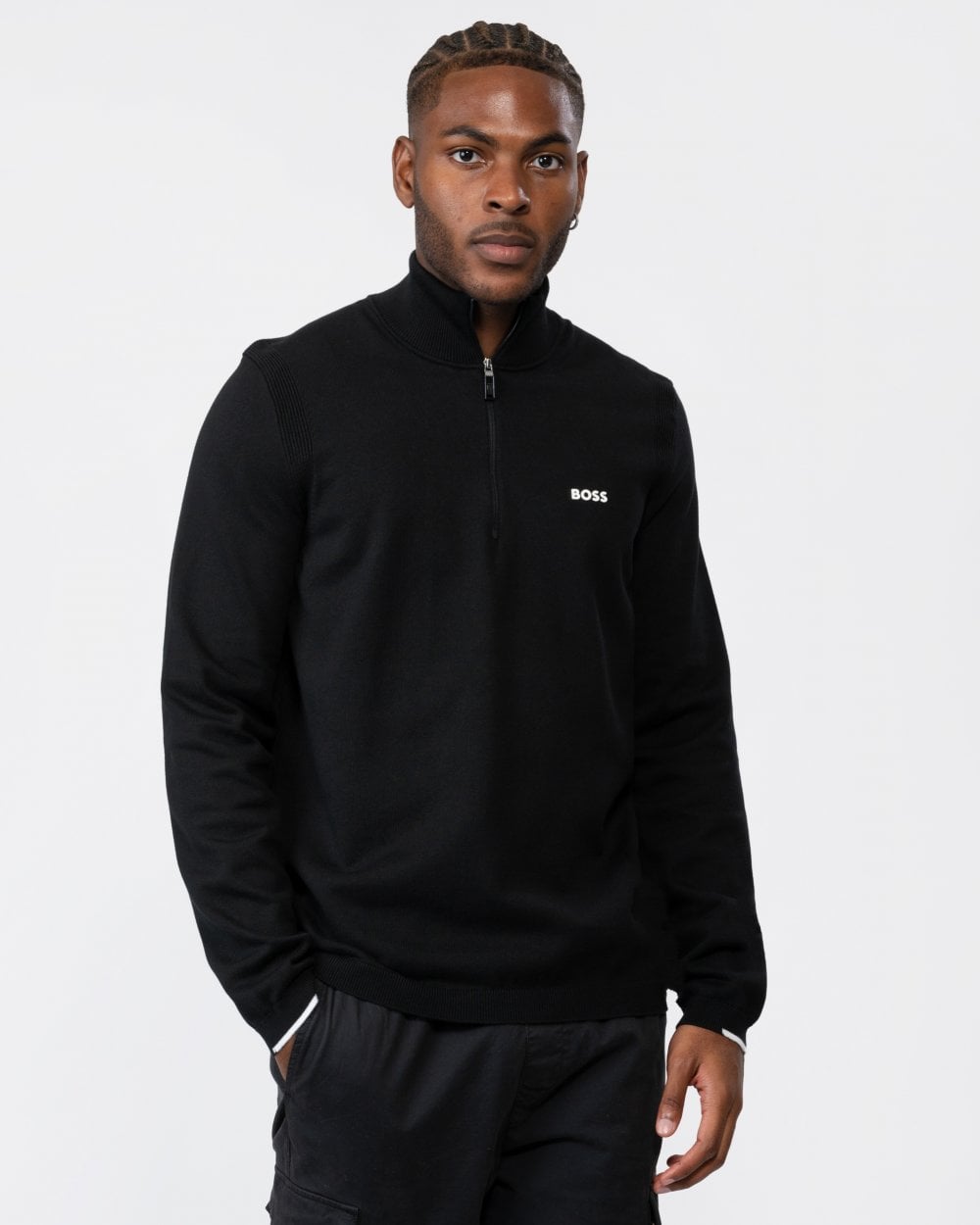 BOSS Green Ever-X Mens Cotton Blend Zip-Neck Sweater with Logo Print - Black 001
