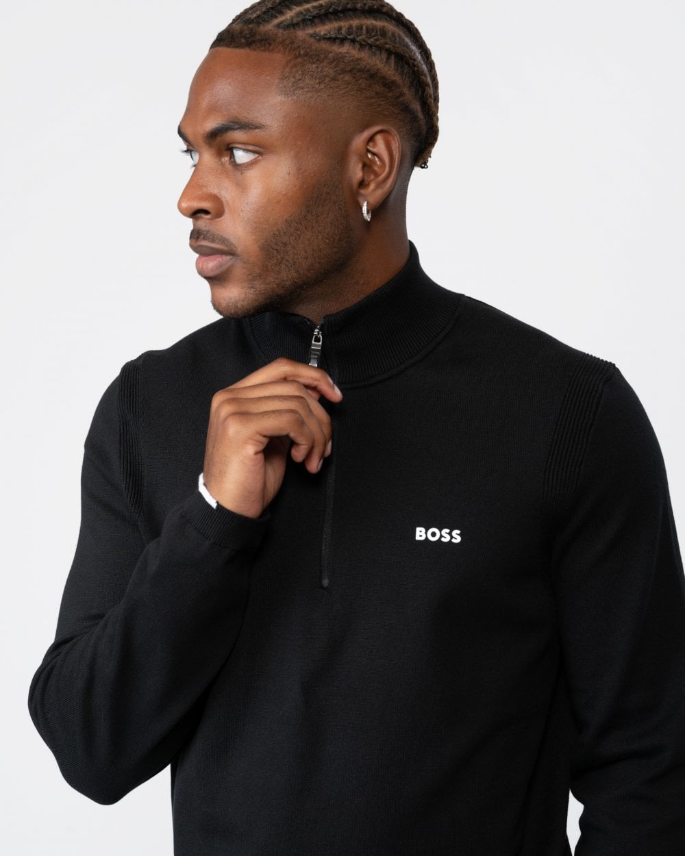 BOSS Green Ever-X Mens Cotton Blend Zip-Neck Sweater with Logo Print - Black 001