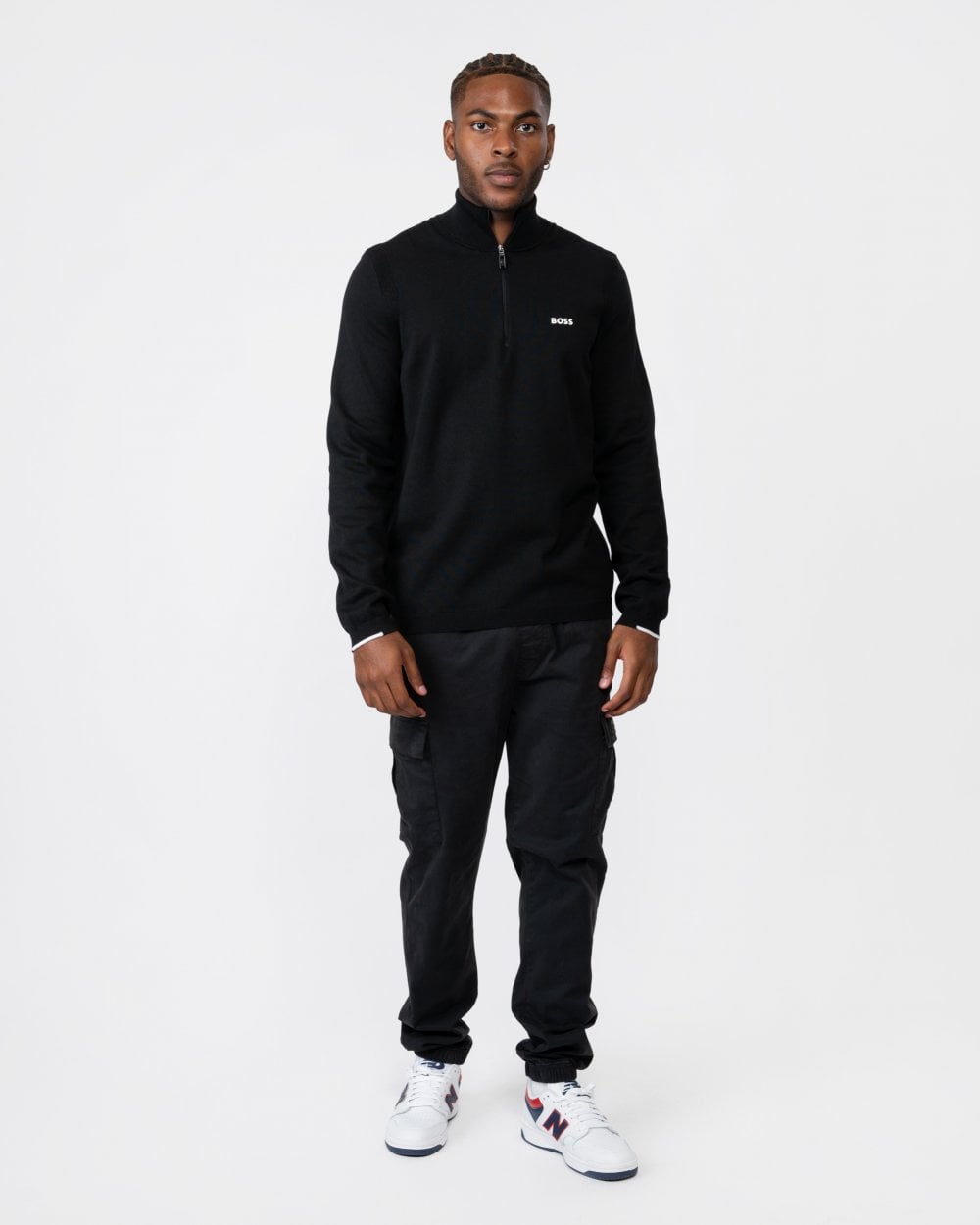 BOSS Green Ever-X Mens Cotton Blend Zip-Neck Sweater with Logo Print - Black 001