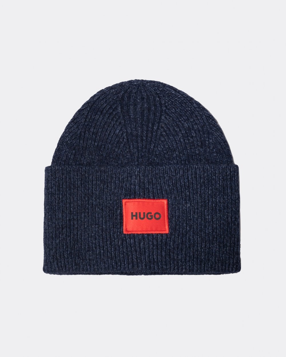 HUGO Xaff 6 Mens Knitted Beanie Hat With Ribbing and Red Logo Label